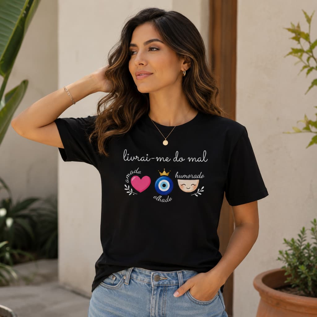 Camiseta Feminina Elegante Livrai Me Do Mal Manga Curta T-Shirt Casual Energia Positiva Fé