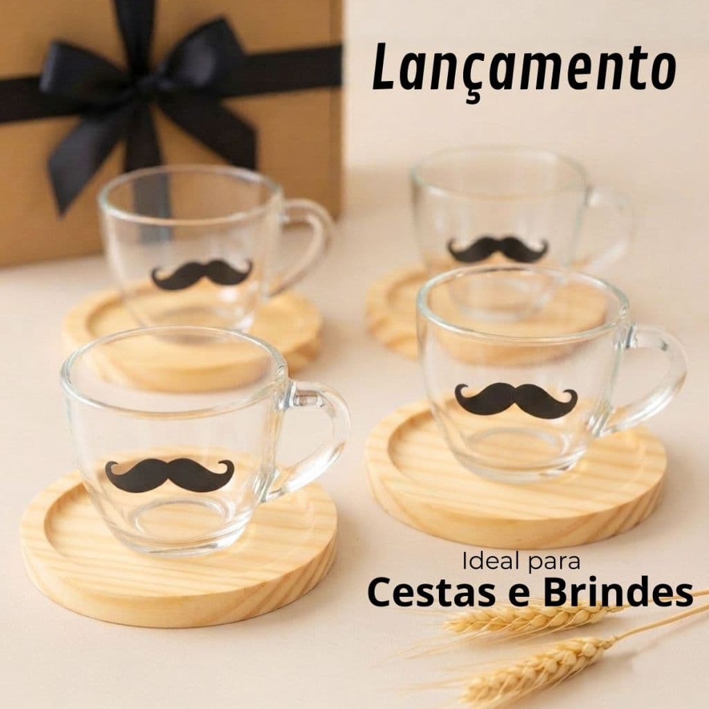Kit Xícara Cesta de Café da Manhã Dia dos Pais Lembrancinha Detalhe Bigode com Pires Madeira