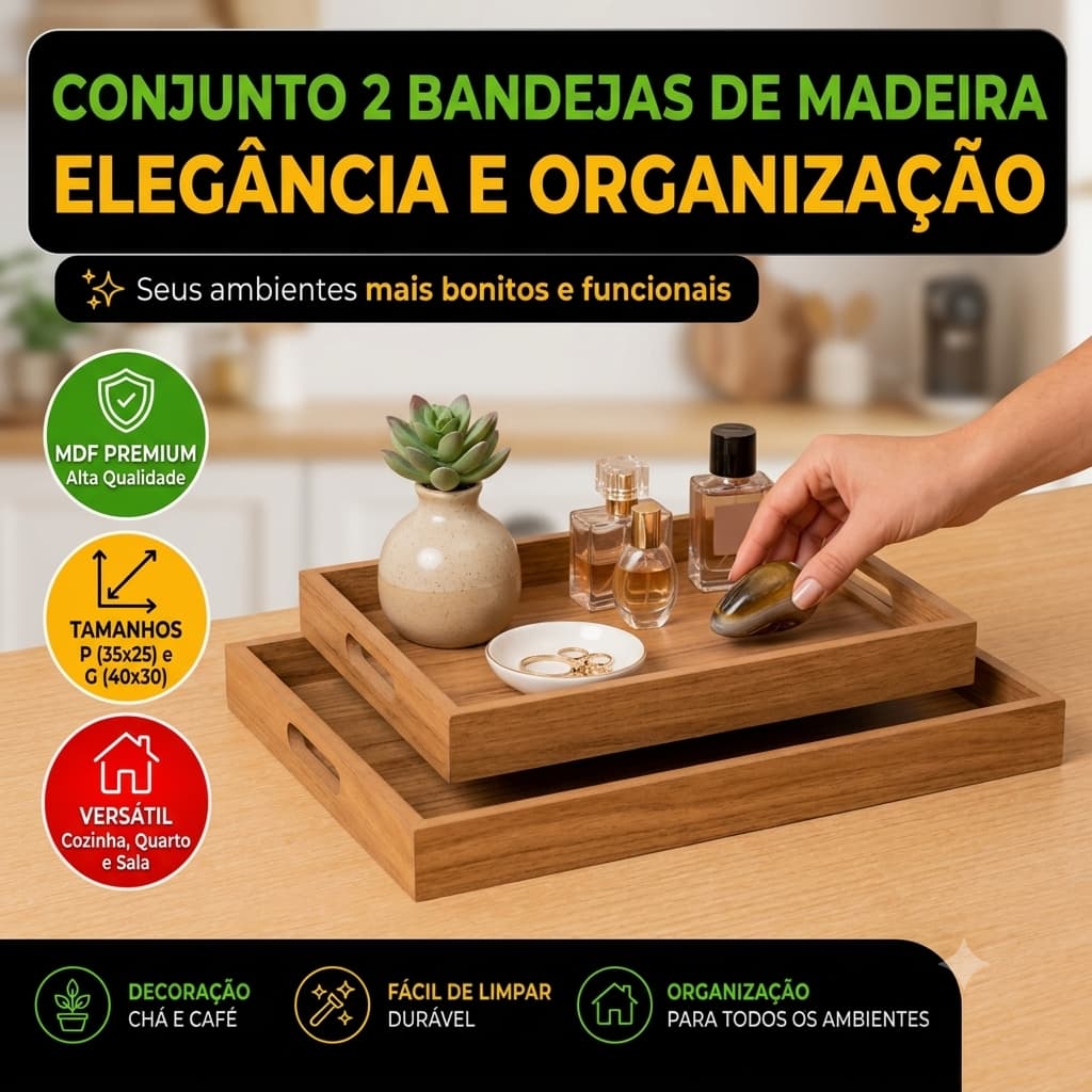Conjunto 2 Bandejas Retangulares Madeira Natural Suporte Decorativo Organizador Mesa