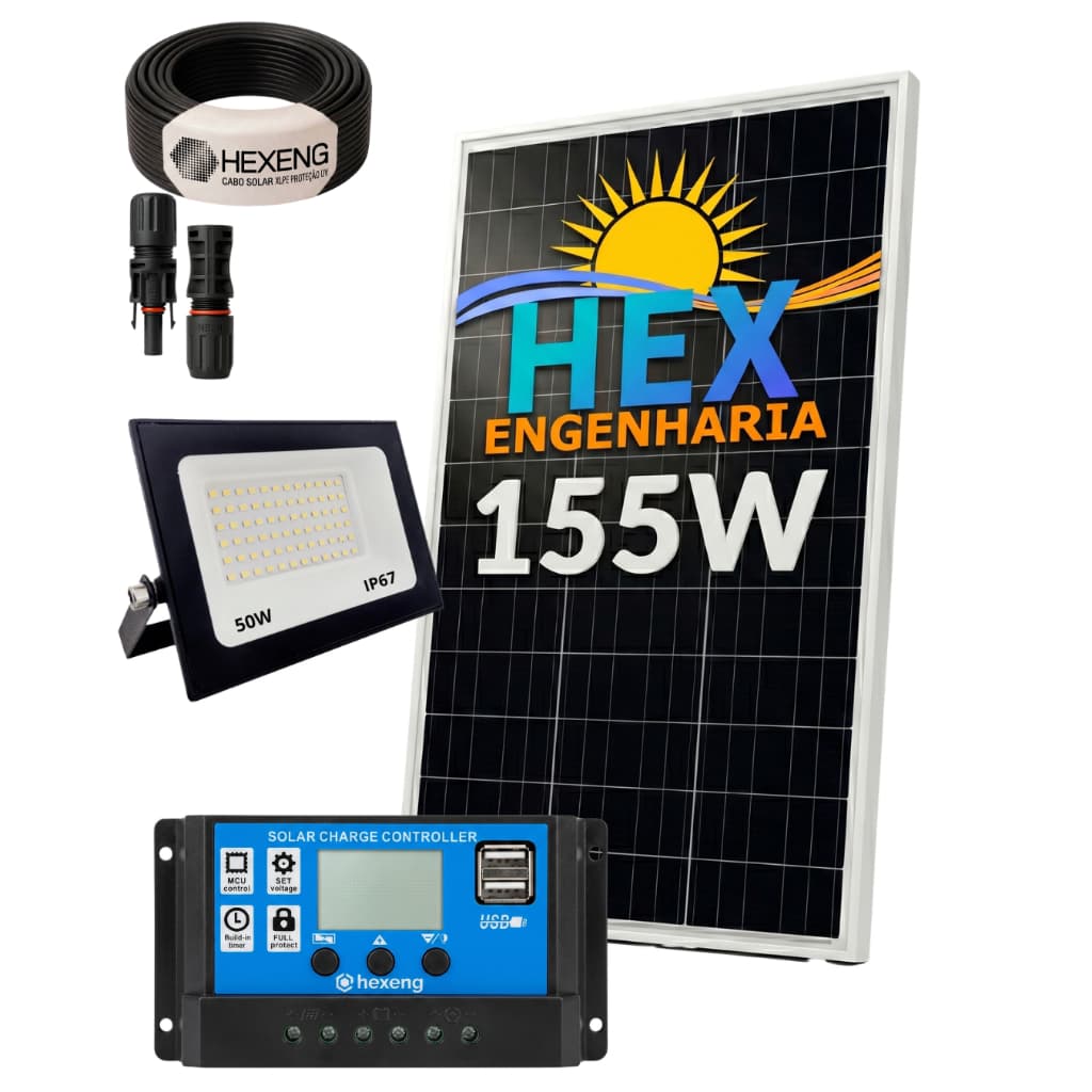 Kit Painel Solar 155w Offgrid Hex Engenharia + Controlador solar 30a + Refletor 50W + cabos e conectores sistema offgrid