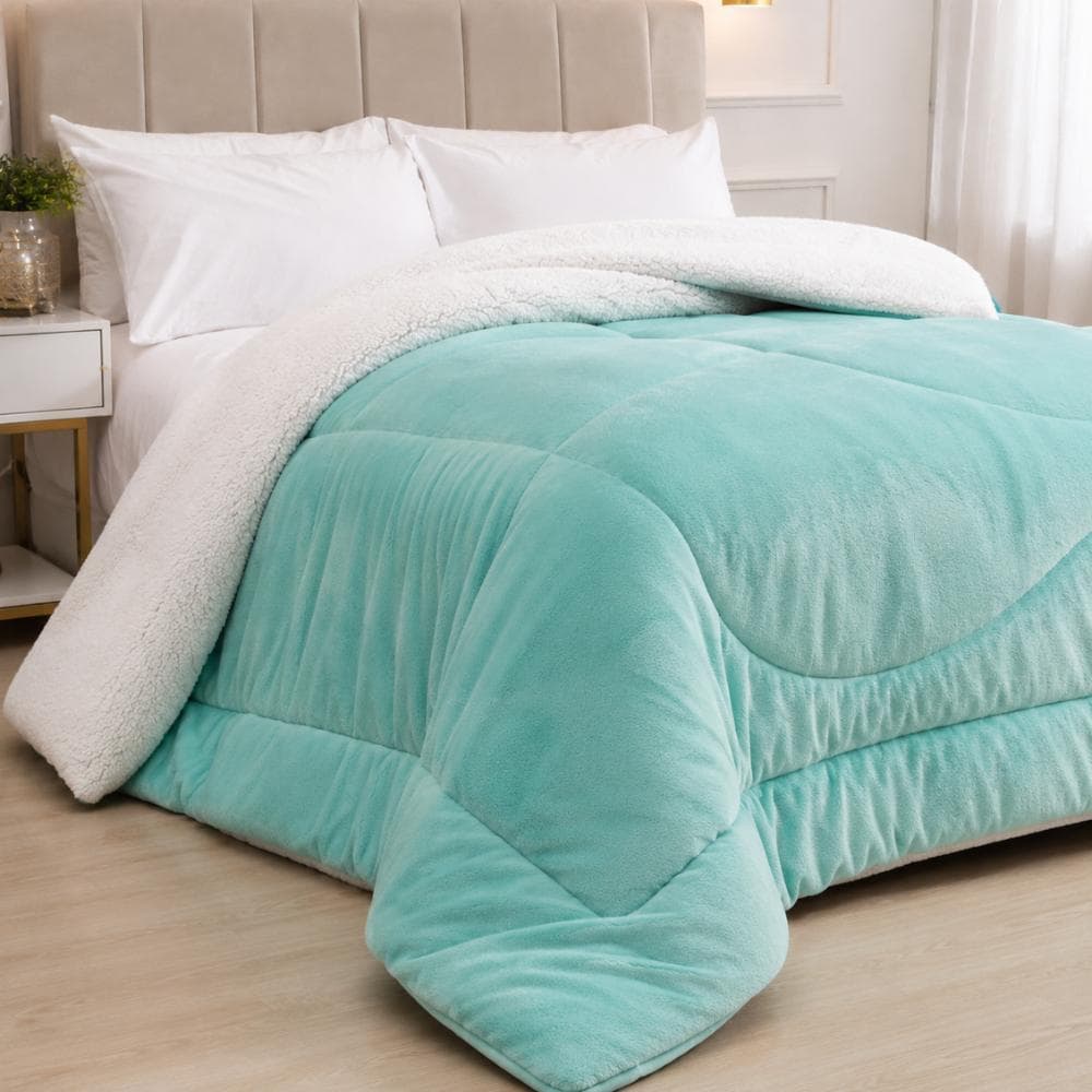 Coberdrom Queen Casal Sherpa Dupla Face Toque Aveludado Inverno Premium Verde Tiffany
