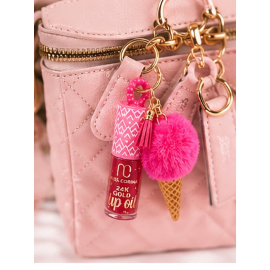 Lip Gloss com Chaveiro Pompom Rosa Infantil Hidratante labial Brilho Gliter Espelhado