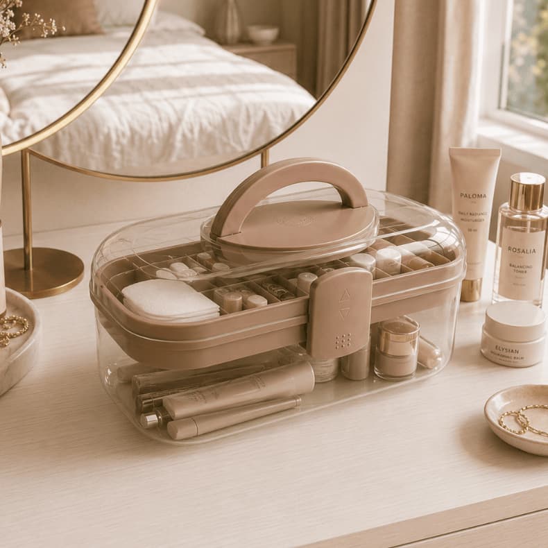 Maleta de Maquiagem Plastico Nude Marrom Transparente Organizador Cosméticos Esmaltes Pincéis com Bandeja