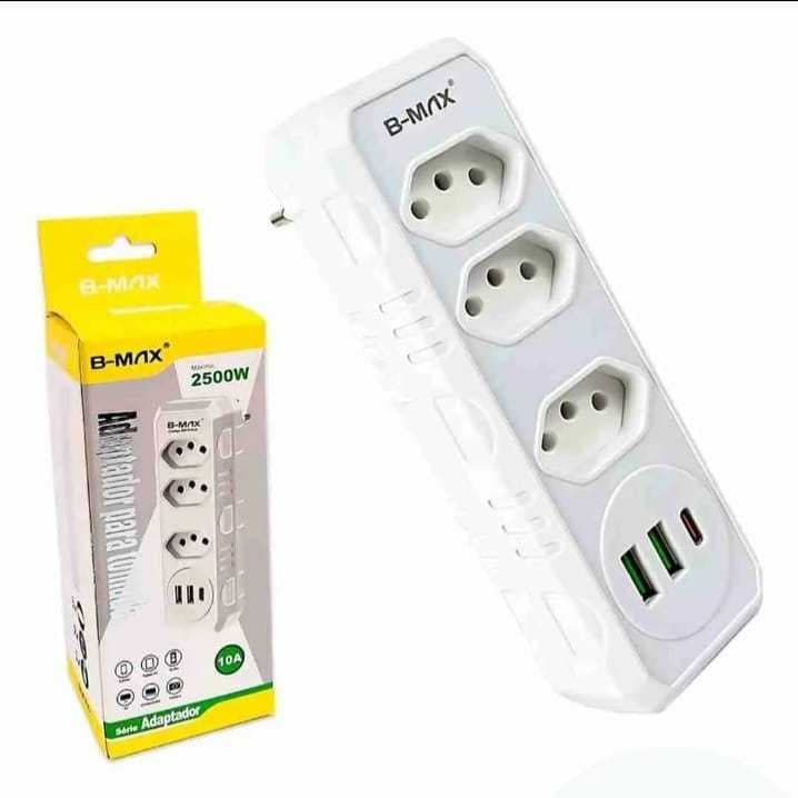 Tomada Benjamim Adaptador Filtro de linha Triplo 3 Tomadas 2 USB 1 Tipo C 10 A Bivolt Branco