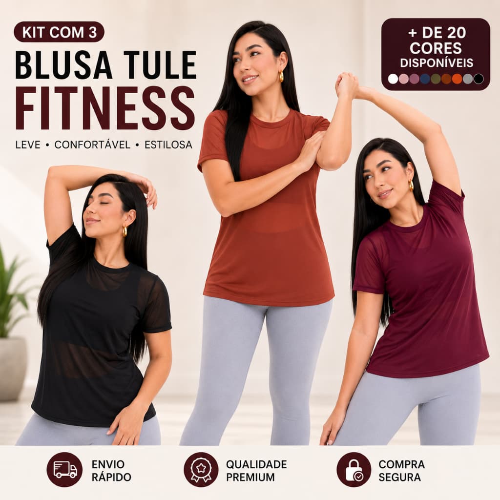 Kit C/ 3 Blusas Feminina Tule Academia Fitnes Camisa Treino