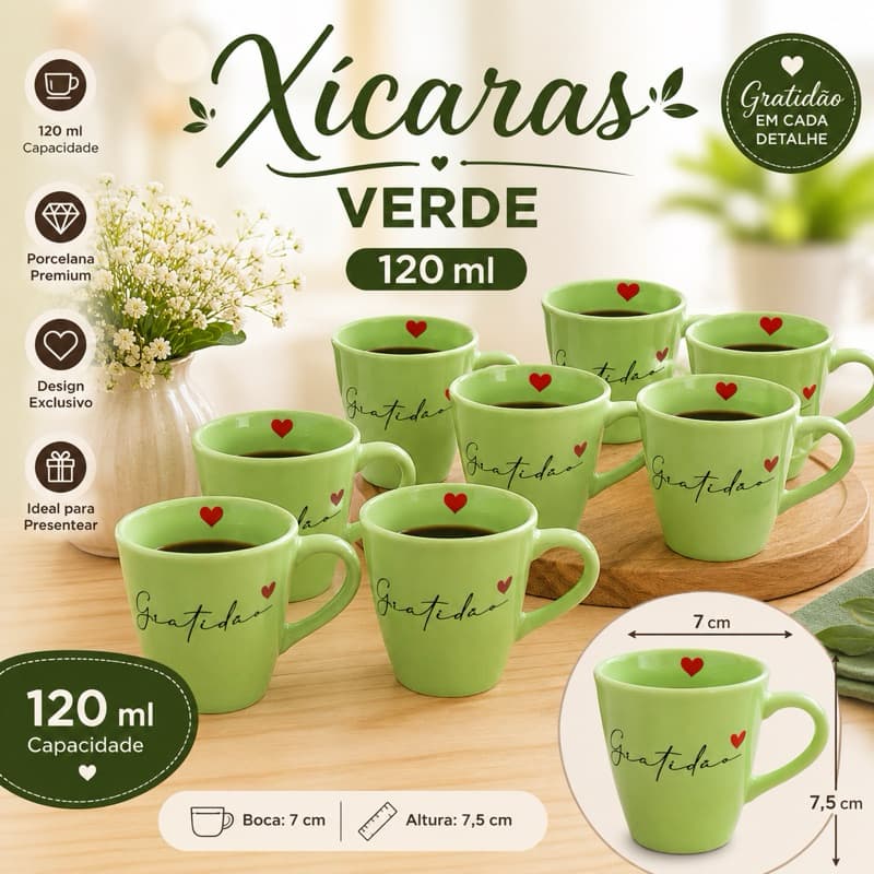 Jogo Kit 6 Caneca Xícara 120ml Porcelana Verde Gratidão Café