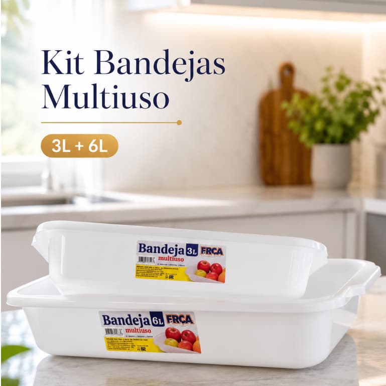 Kit Bandejas Multiuso 3L e 6L Branca Organizadora Cozinha Geladeira Frutas BPA Free