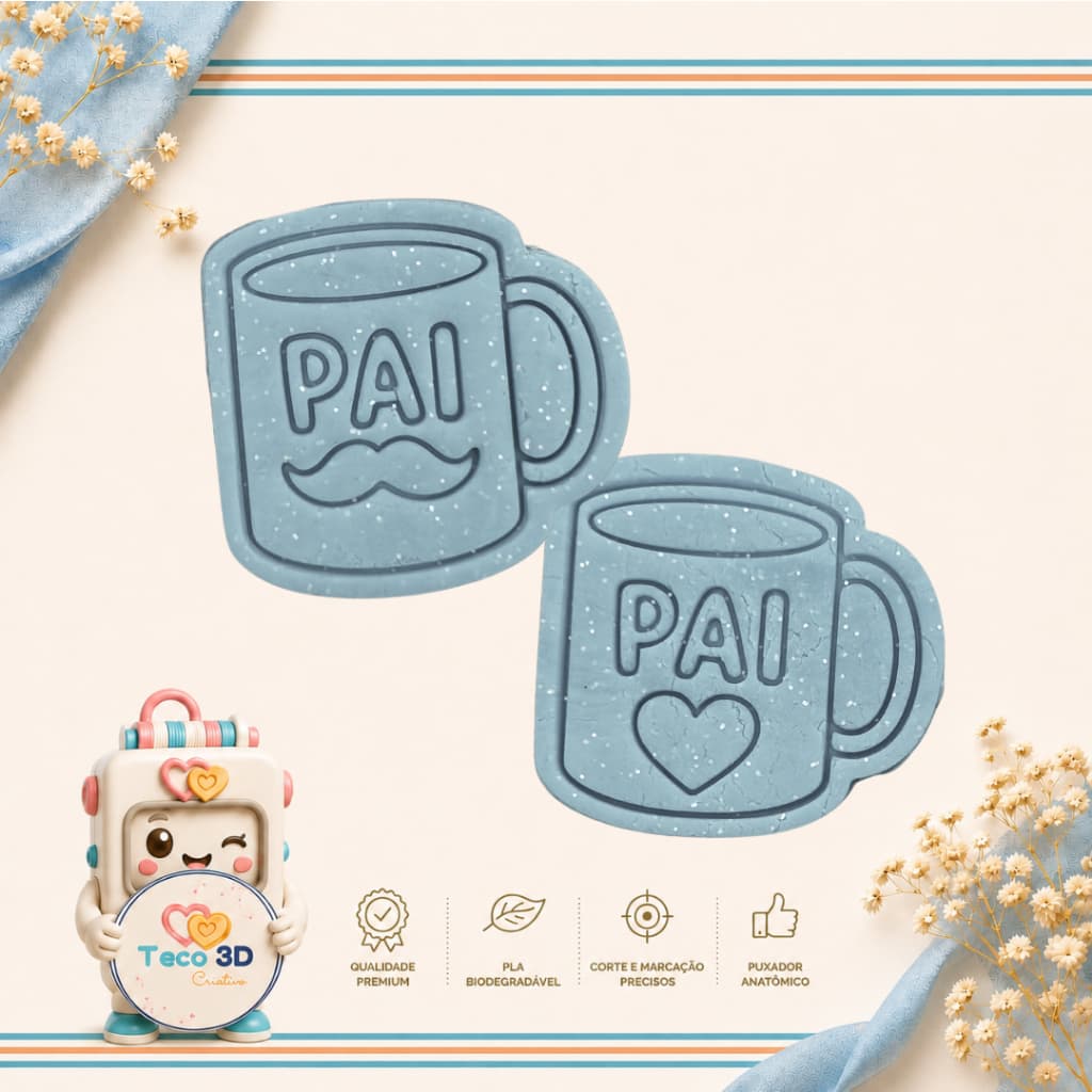 KIT ou AVULSO CORTADOR DE BISCOITO DIA DOS PAIS CANECA BIGODE CORAÇÃO 5 CM + CARIMBO MARCADOR MASSA AMANTEIGADA COZINHA