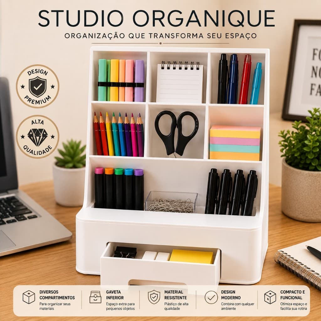 Studio Organique Organizador Multiuso de Mesa com Gaveta Porta Canetas Porta Lápis Branco para Escritório Home Office e