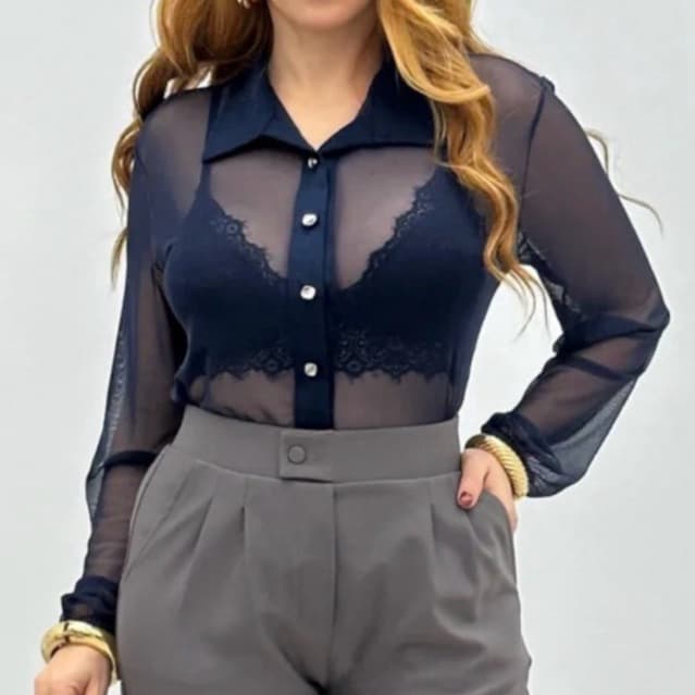 Camisa Feminina Tule Transparente  Manga Longa Elegante Social Fashion