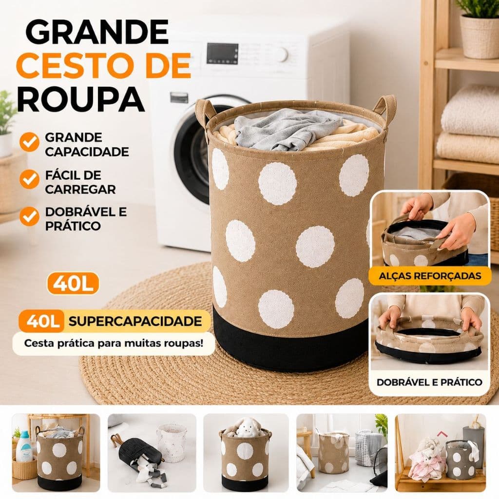 Cesto Organizador de Roupa Multiuso Dobrável  Para Banheiro Quarto Lavanderia Decoração 40 L
