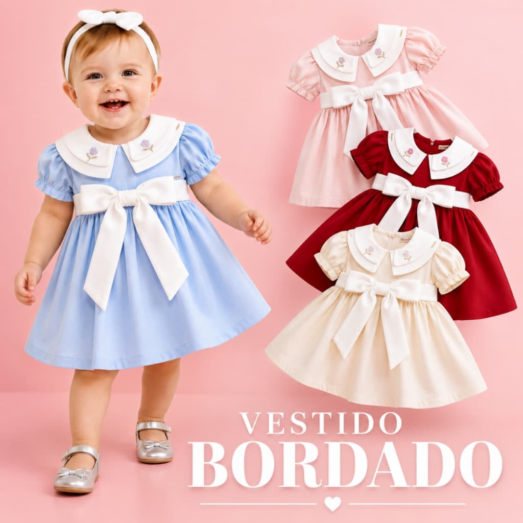 Vestido Infantil Bebe Bordado Com Detalhe Em Laço Vestidinho Baby Kids Tecido Confortavel Algodão