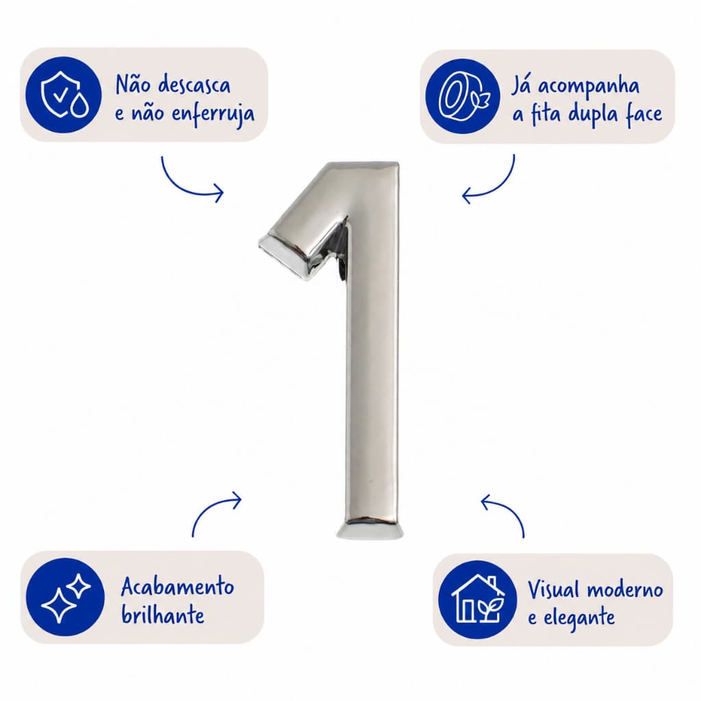 Número 1 Residencial 39 MM Plástico ABS Cromado BemFixa para apartamento adesivo