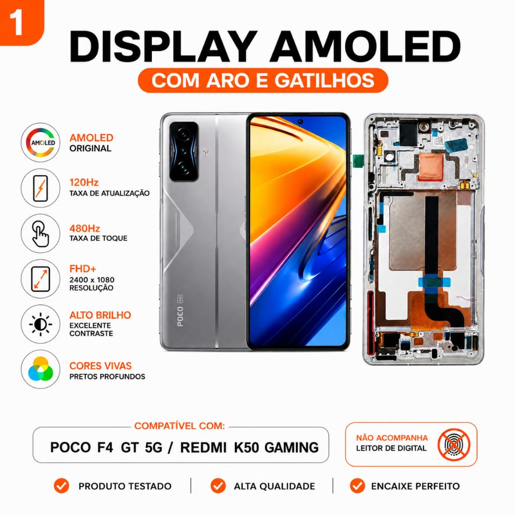 Display Poco F4 GT 5G/ Redmi K50 Gaming Tela Amoled Prata Original Com Moldura Aro Alta Qualidade