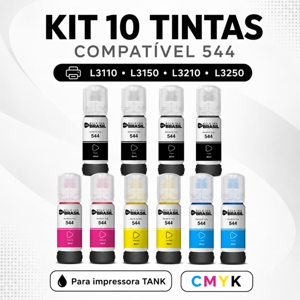 Kit 10 Tintas Compatível Para Impressoras Tank L3110 L3150 L3210 L3250 BK C Y M