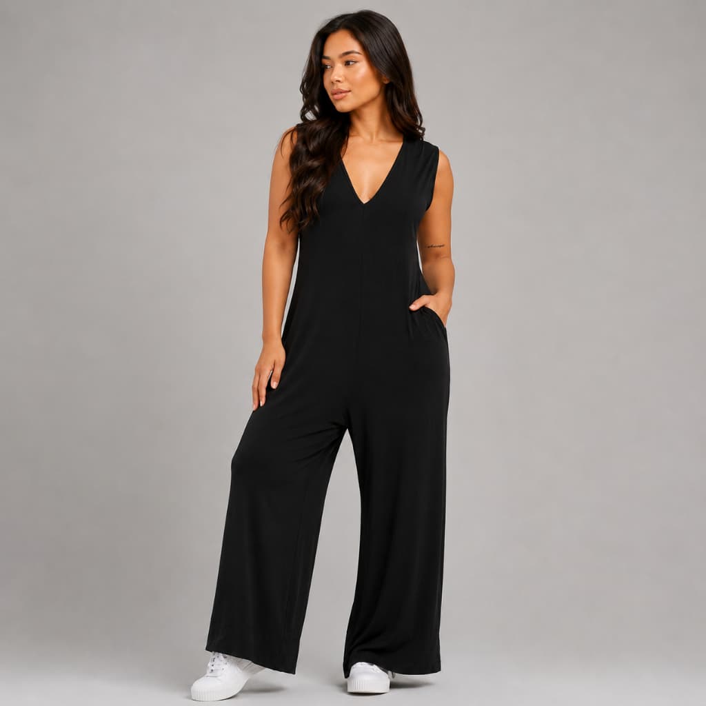 Macacão Feminino Longo Pantalona Viscolycra Decote V Alças Largas com Bolsos Casual Elegante Confortável Longo Fe