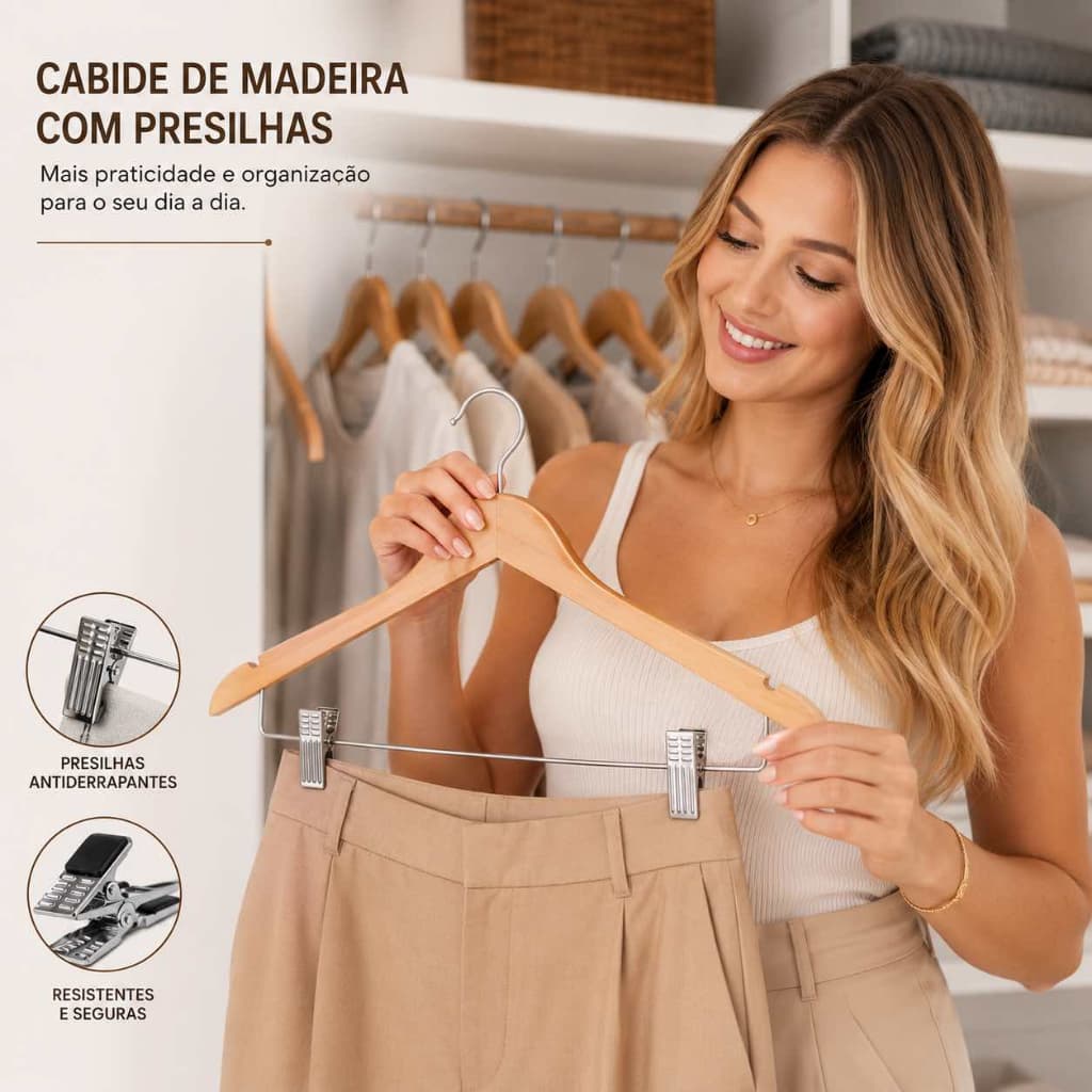 Cabide Madeira Presilhas Verniz Suporte Roupas Organizador Closet Vestuário