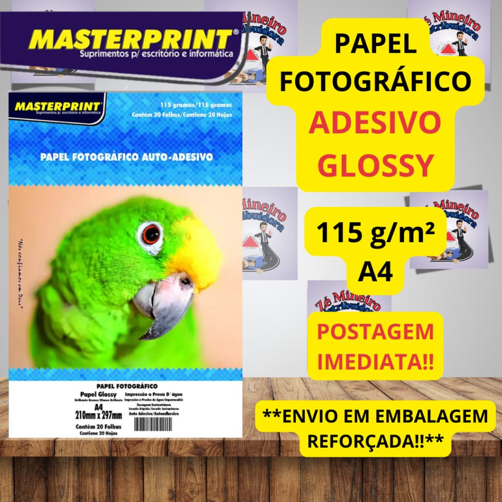 Papel Fotográfico Glossy Adesivo 115g A4 Pct c/20 Foto Glossy Autoadesivo - MASTERPRINT