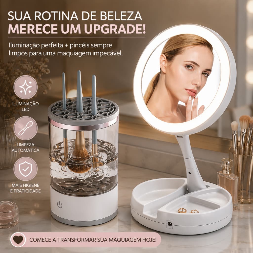 Kit Espelho Camarim com LED + Lavador de Pincéis Automático Maquiagem Profissional com Luz