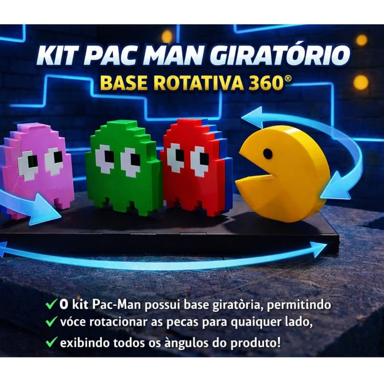 Kit Pac-Man com Fantasmas – Decoração Gamer Retrô Presente Moderno Dia dos Pais