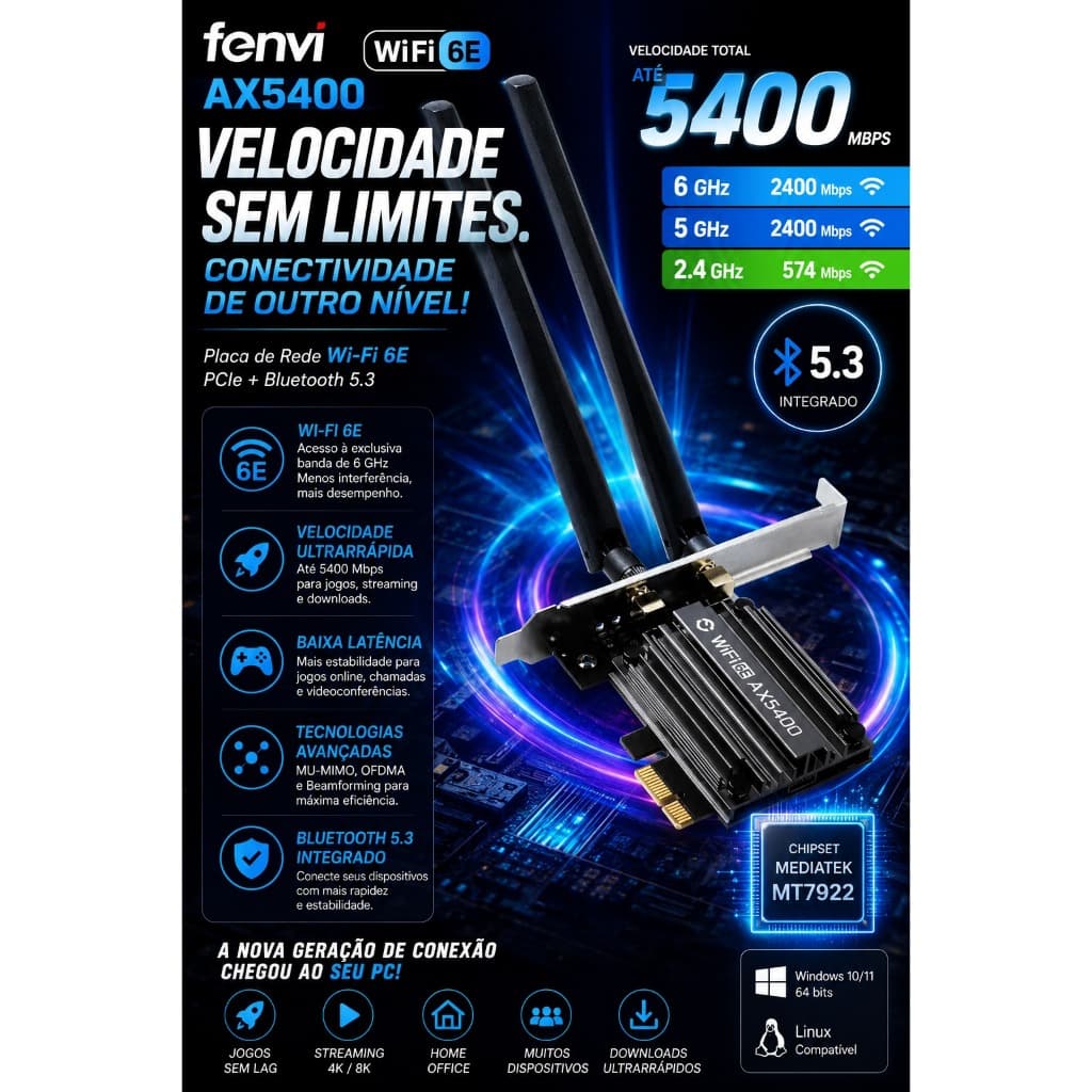 Placa de Rede Wifi6E Adaptador Wifi PCIe Fenvi AX5400Mb/s + Bluetooth 5.3