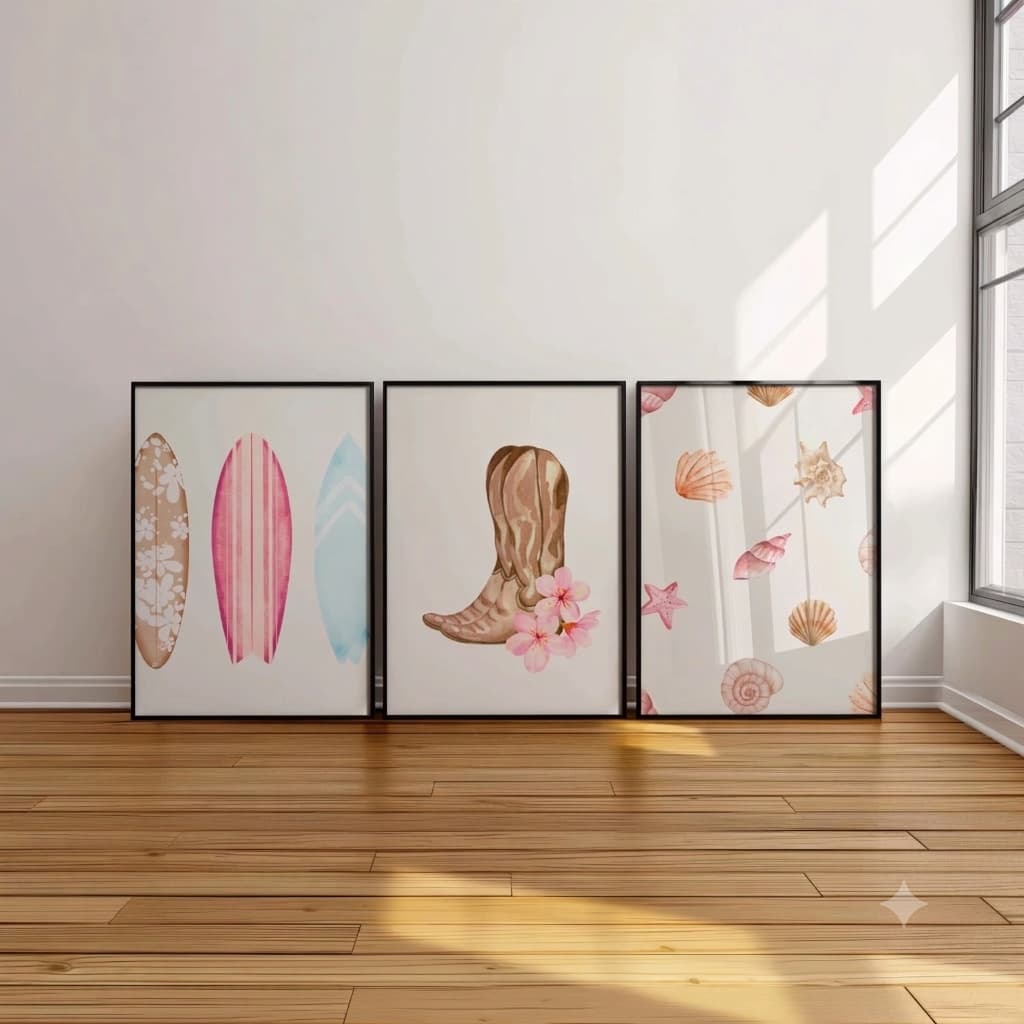 Quadros Decorativos Surf Prancha Bota Country Flores Conchas Mar Praia Quarto Minimalista (3 peças)