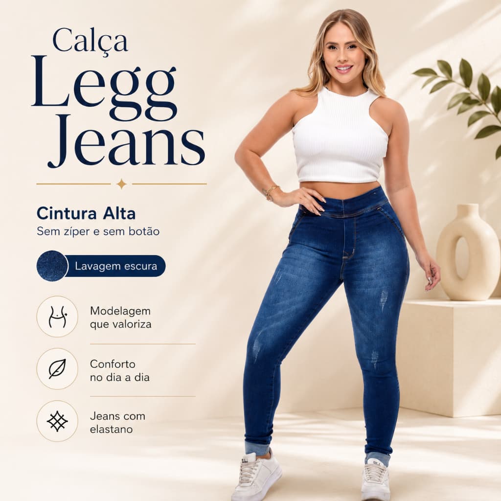 Calça Legg Jeans Feminina Escura | Cintura Alta - Sem Zíper - Sem Botão - Lycra Premium