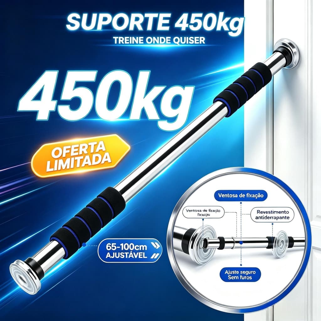 Barra de Porta Ajustável 65-100cm – Suporta 450kg, Sem Furo, Para Academia em Casa e Calistenia S2