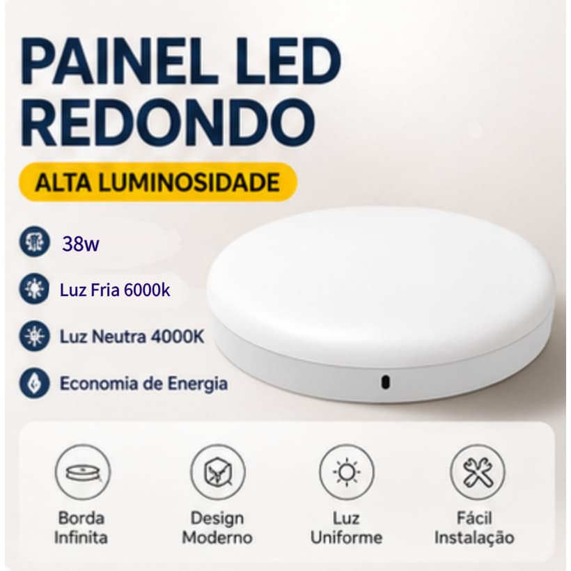 Painel LED Sobrepor Redondo 22cm  38W Borda Infinita Teto Luz Fria 6000K Luz Neutra 4000K Bivolt