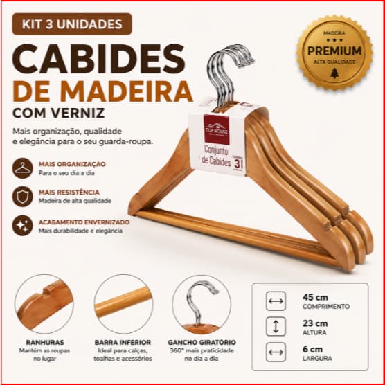 Kit 3 Unidades Cabides Madeira Elegante Resistente Uso Domestico