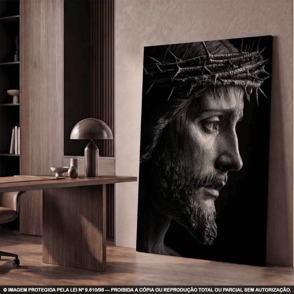 Quadro Decorativo Jesus com Coroa de Espinhos Preto e Branco com Borda Infinita