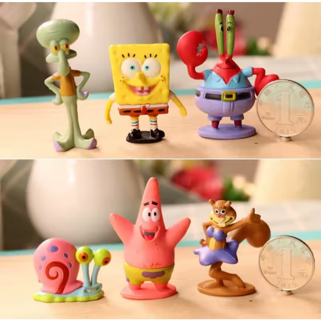 KIT 6 PEÇAS BOB ESPONJA E SUA TURMA DECORAÇÃO AQUARIO E ENFENTEI MINI 5CM IDEAL BETTAS