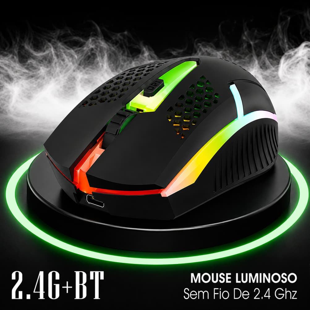Mouse Gamer Sem Fio H'Maston MS08 Bluetooth + 2.4G Recarregável RGB Silencioso Dual Mode