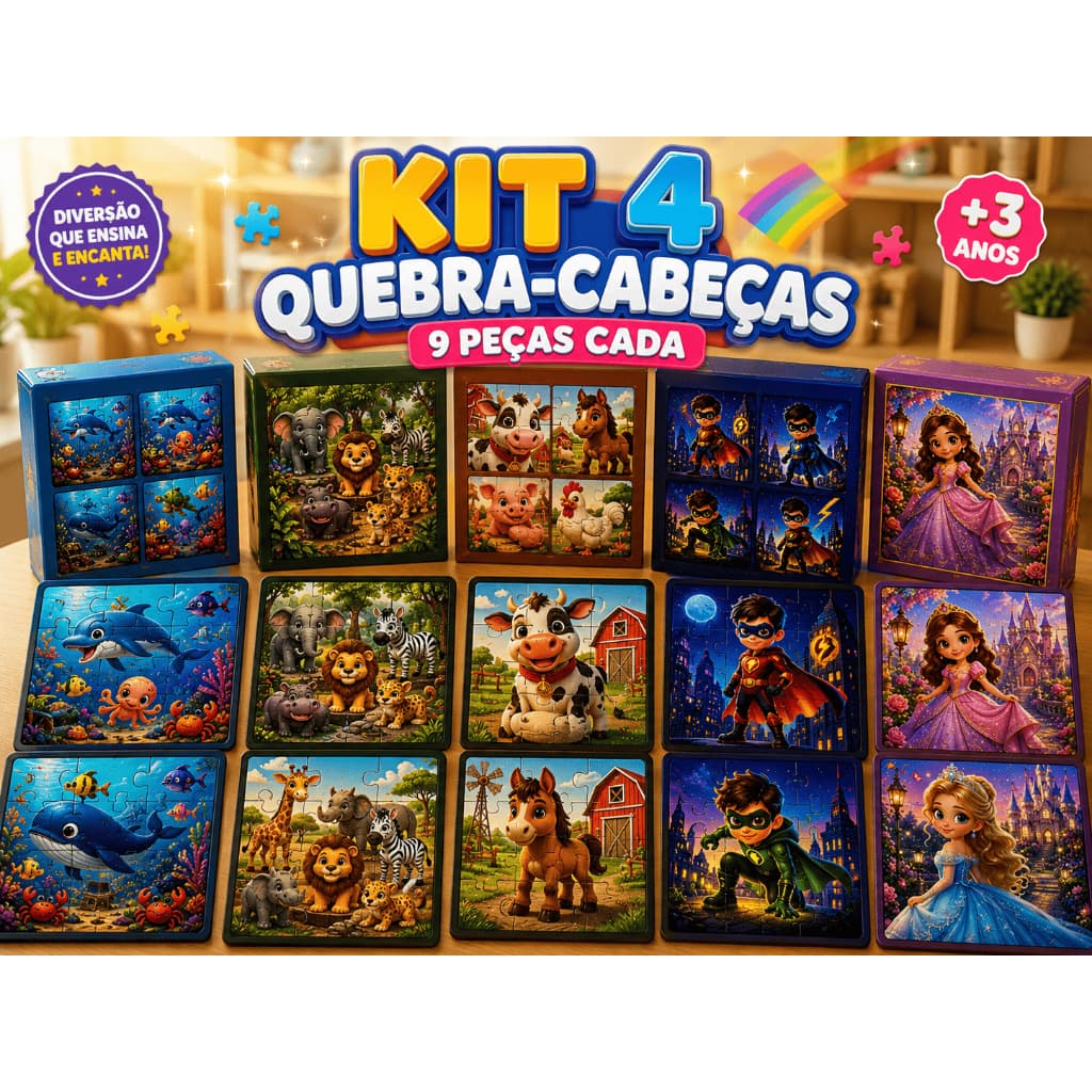 Kit com 4 Quebra-Cabeças Infantil 9 Peças | Educativo | Animais | Crianças