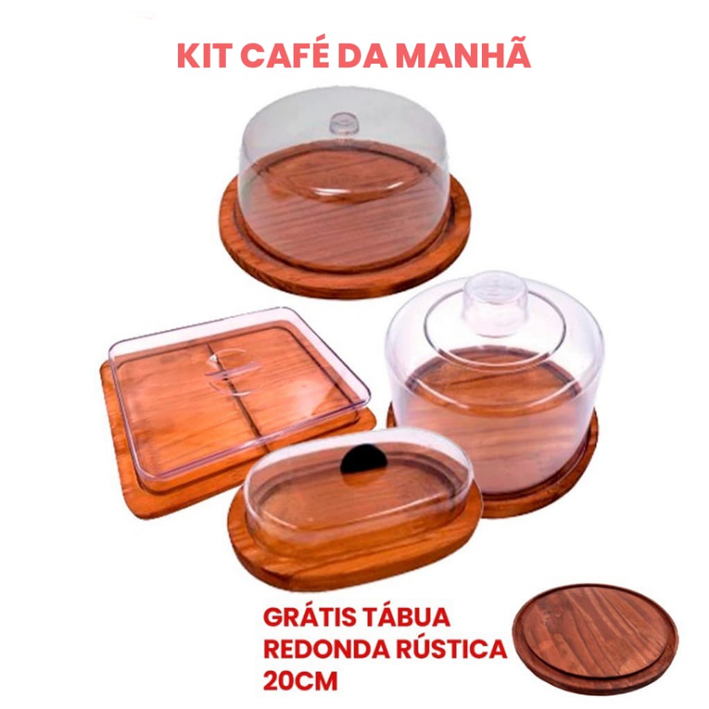 OFERTA 8.8 KIT Café Manhã, Boleira, Queijeira, Mant. e P. Frios (26X20cm) Madeira RUSTICO GRATIS TAB. REDONDA