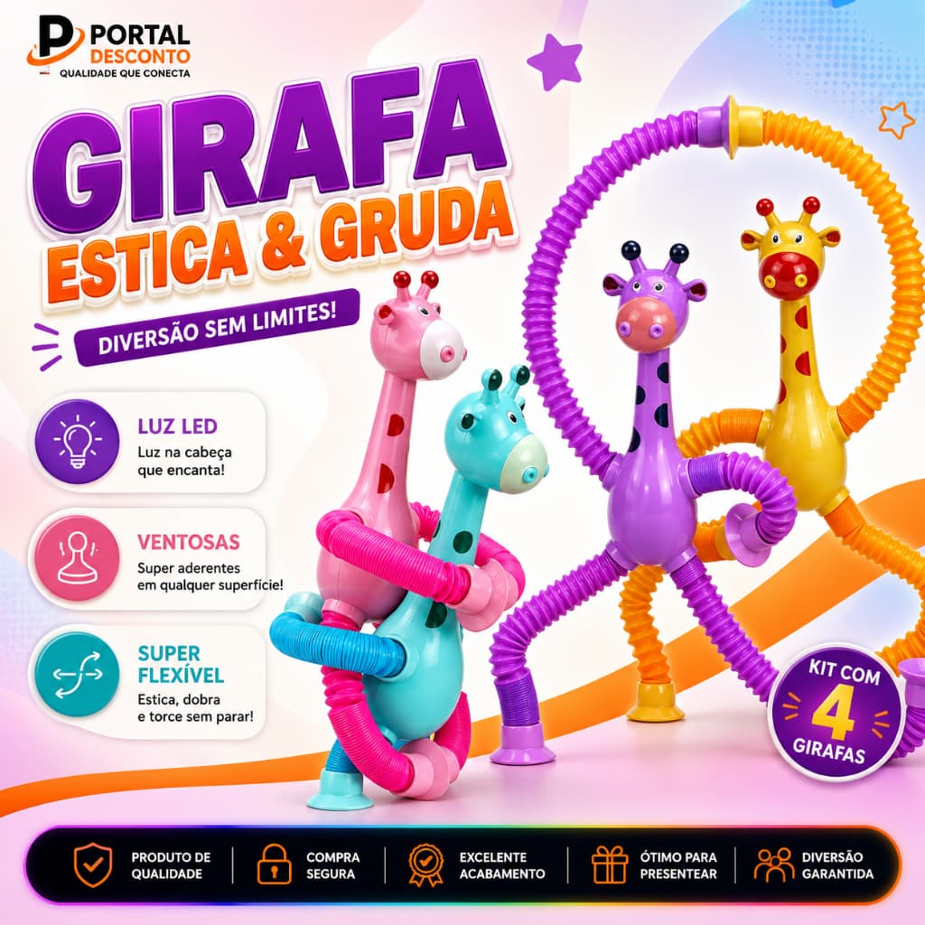 Girafas Estica e Gruda Brinquedo Infantil Pop It Tubo Led Com Ventosa
