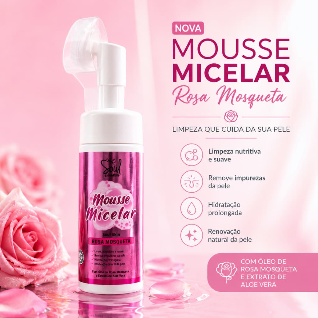 Mousse de Limpeza Facial Rosa Mosqueta 150ml Espuma Micelar com Escova Massageadora Skincare