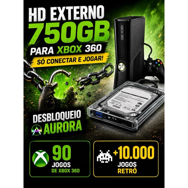 HD Externo 750GB para Xbox 360 | 90 Jogos Selecionados + 10.000 Jogos Retrô | Desbloqueio