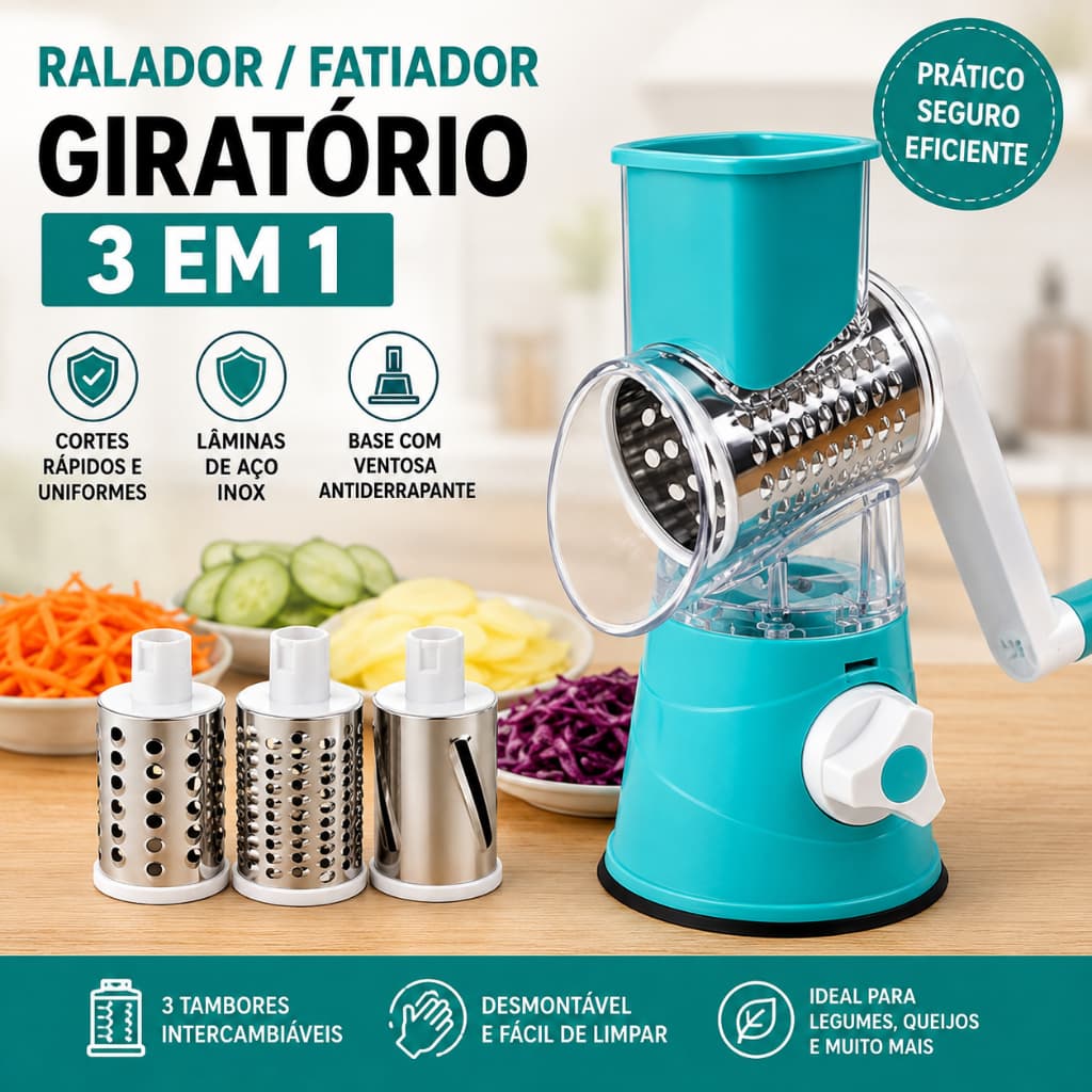 Ralador Fatiador Manual de Legumes Giratório 3 em 1 Inox com Ventosa Cortador Multiuso Cozinha