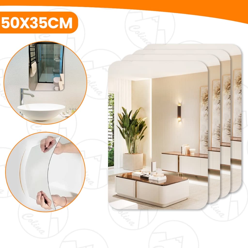 1/2/3/4 Espelhos Adesivo Acrilico Retangular Arredondado 50x35cm Nitidez Importadora Util