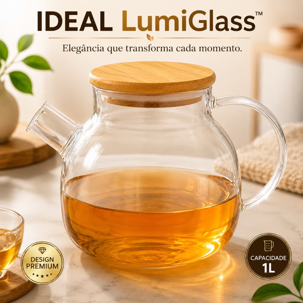 Chaleira de Vidro Temperado 1L com Tampa de Bambu Bule para Chá Café IDEAL LumiGlass™