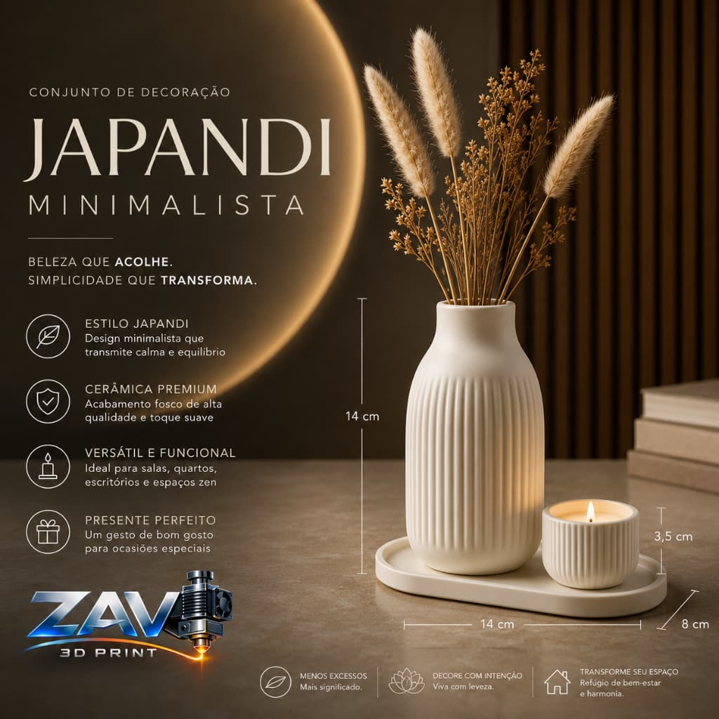Conjunto Decorativo Japandi Minimalista | Vaso Decorativo + Porta Velas | Decoração Sala, Mesa de Centro e Aparador