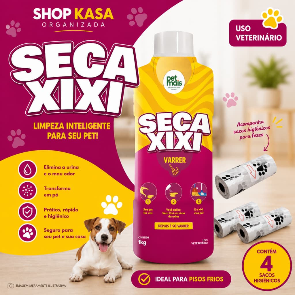 Seca Xixi Varrer Perfumado Petmais 1 kg - Embalagem Econômica + Kit Saco Coletor de Fezes