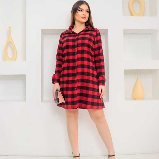 Vestido Chemise Com Botões Manga Longa Xadrez Festa Junina