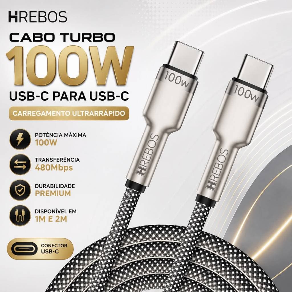 Cabo Turbo 100W USB-C para TIPO-C 2 pontas USB-C de 1 e 2 Metros 480mbps