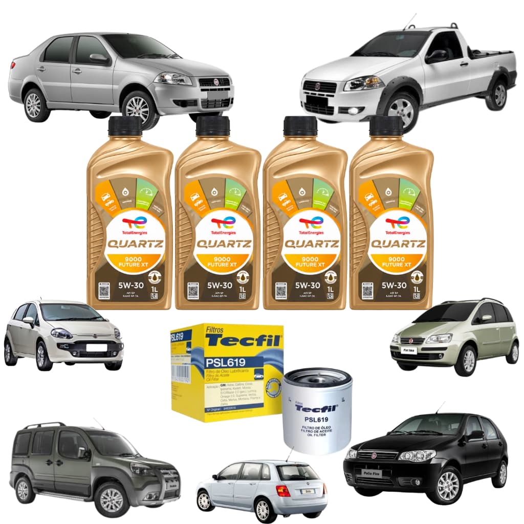 Kit 4 Óleo e Filtro Total Quartz 9000 API SQ 5w30 Sintético Fiat Palio Siena Strada Doblo Ideia Punto Stilo 1.8