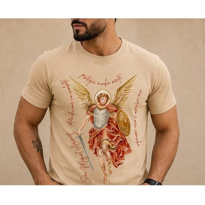 Camiseta Católica São Miguel Arcanjo Tecido Premium 100% Algodão Camisa Masculina Casual