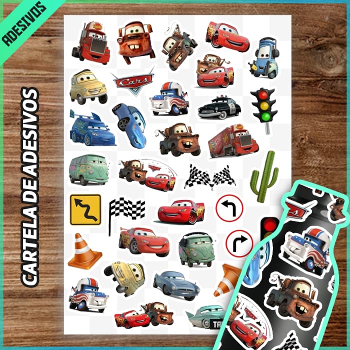 Cartela de Adesivos Carros, Vinil À Prova D'água, Mcqueen, desenho, Infantil, Stickers