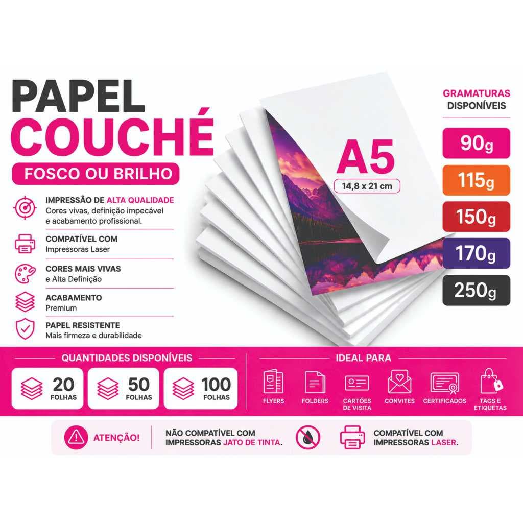 Papel Couché A5 Fosco ou Brilho 90g 115g 150g 170g 250g 20, 50 e 100 Folhas