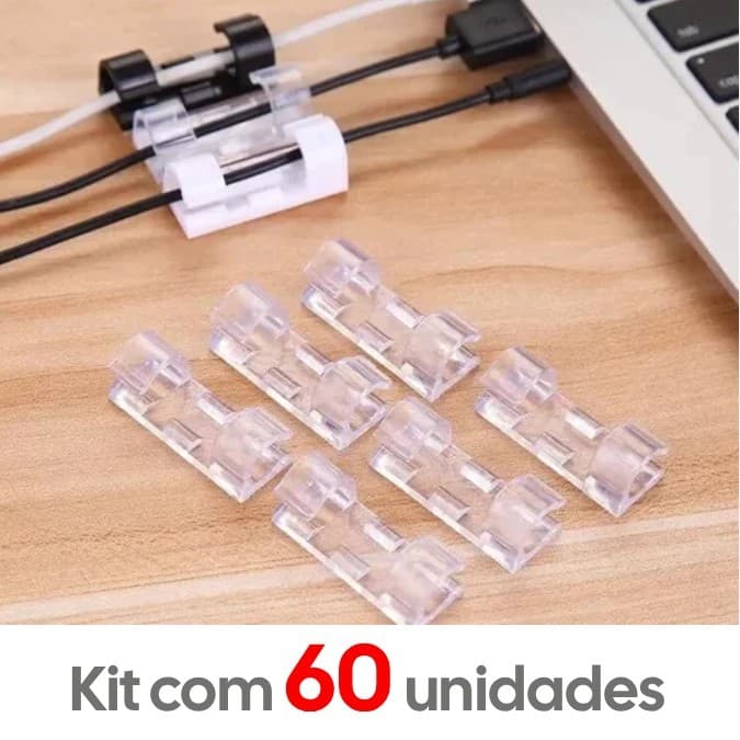 Kit Econômico 60 Organizadores de Cabos 9mm Transparente Com Fita Dupla Face